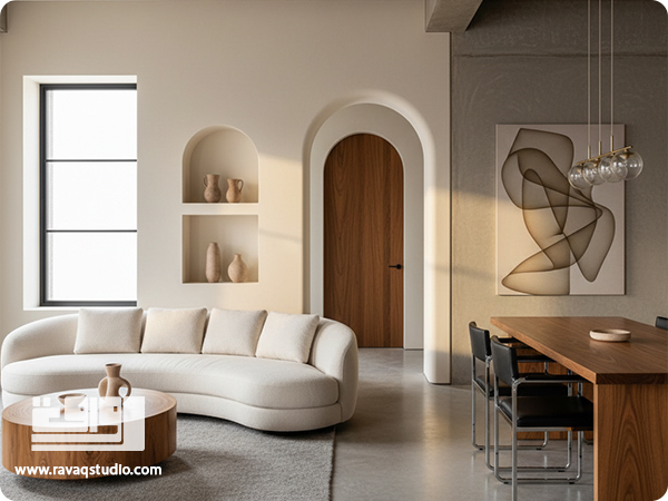 فضای داخلی مدرن با ترکیب خطوط صاف و منحنیهای نرم، ایجاد حس آرامش و راحتی در طراحی.