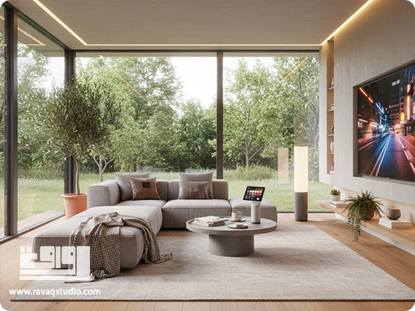 فضای نشیمن مدرن با پلان باز، مبلمان ساده و نور طبیعی فراوان برای خلق حس آرامش و حال خوب.