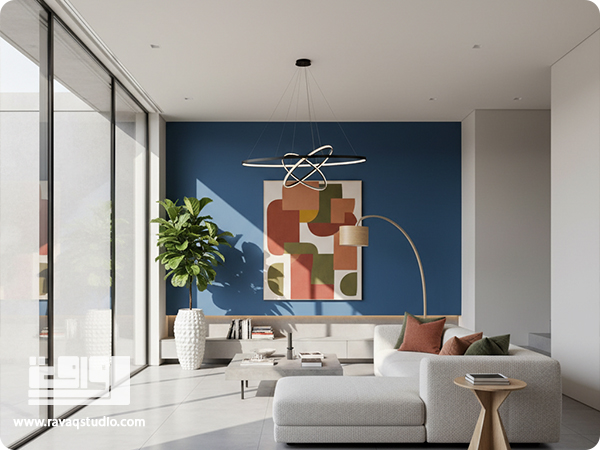 طراحی مدرن با ترکیب رنگهای بژ و خاکستری و یک دیوار تأکیدی رنگی که نقطهی کانونی فضا را شکل میدهد.