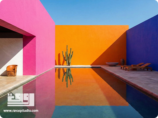 نمایی از معماری لوئیس باراگان با صفحات رنگی بزرگ و متضاد مانند صورتی ، نارنجی و ابی درخشان