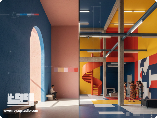 تصویری از یک فضای معماری با استفاده برجسته از رنگها که نشاندهنده تأثیر روانی و بصری رنگ در فضاهای داخلی و معماری است