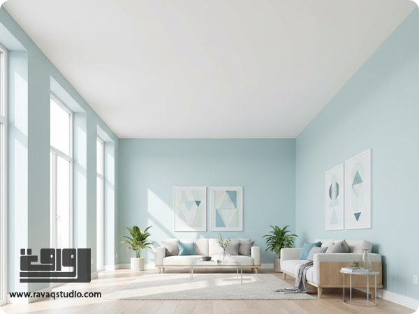 تصویر یک اتاق که با رنگهای سرد و روشن بزرگتر به نظر میرسد و نقش نورپردازی در تغییر ظاهر رنگها را نشان میدهد.