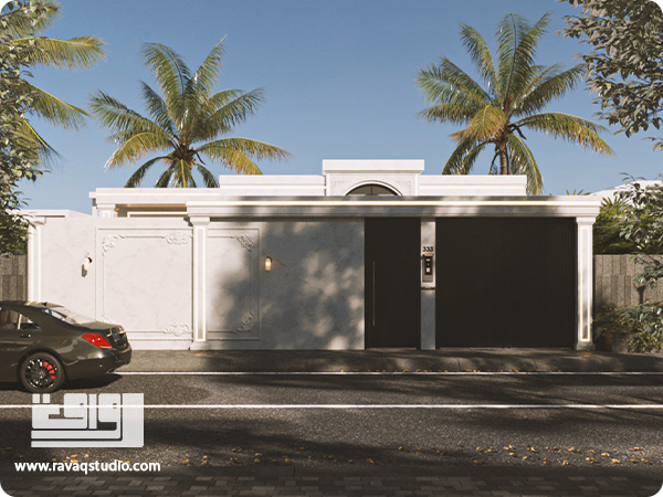 نمای نئوکلاسیک با استفاده از سنگ روشن و نورپردازی مدرن در بوشهر.